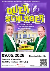 Ein bunt gestaltetes Poster für eine Veranstaltung namens "QUERSCHLÄGER". Es zeigt zwei Herren in grünen Anzügen und informiert über ein Kabarett im Festhaus Winnweiler am 09.05.2026.
