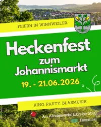 Ein farbenfrohes Plakat für das Heckenfest in Winnweiler. Es zeigt das Veranstaltungsdatum und die Aktivitäten wie Kino, Party und Blasmusik.