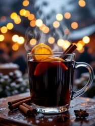 Ein heißes Getränk in einem klaren Glas mit Zimtstangen und Orangenscheiben. Im Hintergrund leuchten unscharfe Lichter und schaffen eine gemütliche Atmosphäre.
