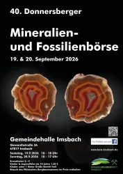 Ein Poster für die 40. Donnersberger Mineralien- und Fossilienbörse. Die Veranstaltung findet am 19. und 20. September 2026 in der Gemeindehalle in Imsbach statt.