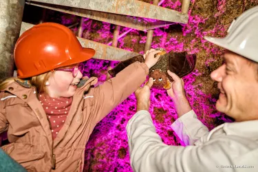 Ein Kind und ein Erwachsener halten gemeinsam eine Fledermaus. Sie befinden sich in einer speziellen Umgebung mit bunten Lichtern im Hintergrund.