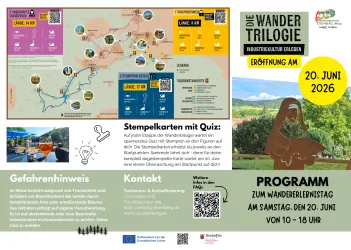Eine informative Karte mit Wanderwegen und Hinweisen zur Eröffnung der Wandertrilogie. Das Bild enthält Details zu einem Programm und Sicherheitshinweise für Wanderer.