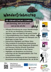Ein Flyer zum Wandertag in Eisenberg mit Informationen über Veranstaltungen und Aktivitäten für die ganze Familie. Es beschreibt verschiedene Stationen, kulinarische Highlights und Freizeitmöglichkeiten.