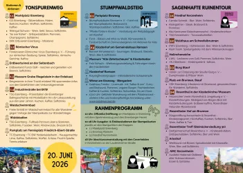 Ein Flyer mit Informationen zu Wanderwegen und Veranstaltungen. Es sind mehrere Stationen und Programme aufgeführt, die für eine Veranstaltung am 20. Juni 2026 relevant sind.