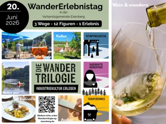 Ein Werbeplakat für den WanderErlebnistag in der Verbandsgemeinde Eisenberg. Es zeigt verschiedene Aktivitäten wie Wandern, Kulinarik und Kultur, sowie das Datum und die Veranstaltungsdetails.