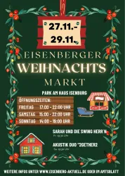 Ein festlicher Weihnachtsmarkt in Eisenberg, der vom 27. bis 29. November stattfindet. Bunte Dekorationen und gemütliche Stände laden zum Bummeln ein.