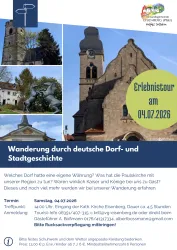 Eine Einladung zu einer Erlebnistour am 04.07.2026. Die Veranstaltung umfasst eine Wanderung durch die Geschichte deutscher Dörfer und Städte.