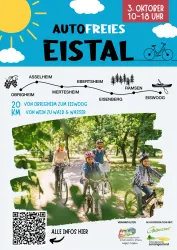 Ein Werbeplakat für die Veranstaltung "Autofreies Eistal" zeigt aktive Menschen auf Fahrrädern in einer Naturumgebung. Es enthält Informationen zu Beginn und Endpunkt der Veranstaltung sowie das Datum und die Uhrzeit.