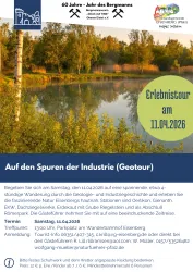 Eine Einladung zu einer Erlebniswanderung zur Erkundung von Industrie und Geologie. Die Tour findet am 11. April 2026 in der Umgebung von Eisenberg statt.