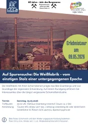 Ein historisches Bild der Weißfabrik in Eisenberg, umgeben von Industrieanlagen und einem klaren Himmel. Die Veranstaltung lädt zu einer Erkundung der Geschichte und Entwicklung der Schamottenindustrie ein.