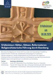 Ein Informationsplakat für eine historische Führung durch Eisenberg. Es zeigt Details zur Tour, einschließlich Termin, Treffpunkt und Anmeldemöglichkeiten.