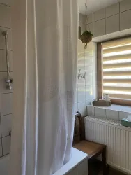 Ein Badezimmer mit einer Duschvorhang, einem Fenster mit Jalousien und einer Holzbank. Im Hintergrund sind Fliesen und eine Topfpflanze zu sehen.