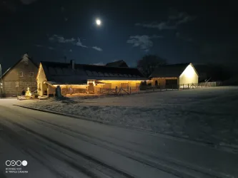 Eine ruhige Winternacht mit Schnee und einem klaren Mond.