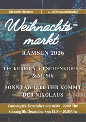 Ein einladendes Plakat für den Weihnachtsmarkt in Ramsen. Es zeigt Informationen zu Leckereien, Geschenkideen und Musik sowie den Besuch des Nikolaus.