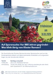 Ein informatives Plakat für eine Erlebnis-Tour zum Kloster Ramsen. Es gibt Details zu Datum, Treffpunkt und Anmeldemöglichkeiten.