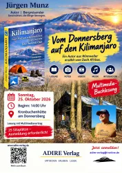 Ein Werbeplakat für eine Multimedia-Lesung über den Kilimandscharo. Der Autor Jürgen Munz lädt am 25. Oktober 2026 zu einer Veranstaltung in der Kronbuchenhütte ein.