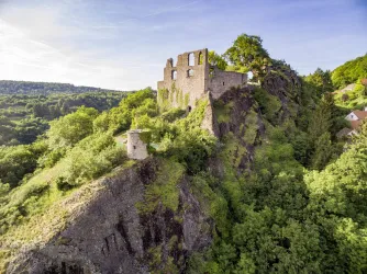 Eine alte Burgruine thront auf einem bewaldeten Hügel. Umgeben von grüner Landschaft bietet sie einen malerischen Ausblick.