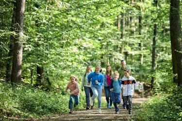 Eine Gruppe von Kindern und Erwachsenen rennt fröhlich einen Waldweg entlang. Umgeben von grünen Bäumen und pflanzen, strahlt die Szene Freude und Aktivität aus.