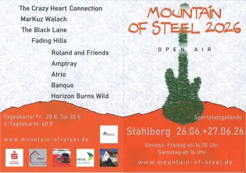 Ein Plakat für das Festival "Mountain of Steel 2026" mit Informationen zu Künstlern und Veranstaltungen. Das Event findet am 26. und 27. Juni auf dem Stahlberg statt.
