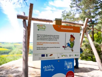 Ein Informationsschild über die Himmelsbank an einem malerischen Aussichtspunkt. Im Hintergrund sind grüne Wiesen und Wälder zu sehen.