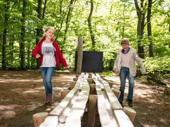 Zwei Kinder spielen in einem Wald. Sie laufen auf einem Holzsteg zwischen Bäumen.