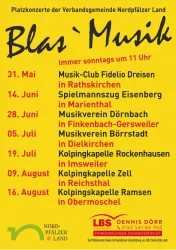 Ein Veranstaltungsplakat für Blasmusik-Konzerte in der Verbandsgemeinde Nordpfälzer Land. Die Konzerte finden jeden Sonntag um 11 Uhr an verschiedenen Orten statt.