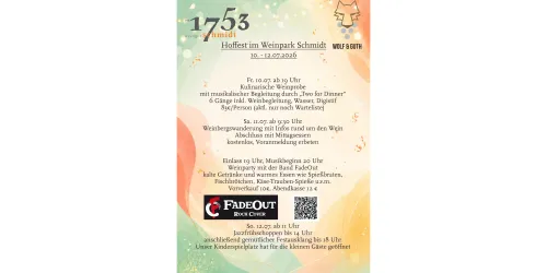 Ein Veranstaltungshinweis für das Hoffest im Weinpark Schmidt. Das Fest findet vom 10. bis 12. Februar 2024 statt und bietet Musik, Speisen und Getränke.
