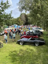 Eine lebhafte Autoflucht mit vielen Besuchern und klassischen Fahrzeugen. Im Hintergrund sind Bäume und aufgehängte Stände zu sehen.