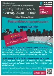 Ein Plakat für das Ferienkino in Rockenhausen mit Informationen zu zwei Filmvorführungen. Es lädt alle Kinder zum Zirkushaus Pepperoni ein.