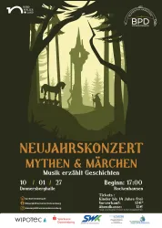 Ein Plakat für ein Neujahrskonzert mit dem Thema Mythen und Märchen. Es zeigt eine mystische Waldszene mit einem Reiter und einem Pferd.