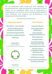Ein Veranstaltungsplakat für den Marktplatz in Rockenhausen mit Informationen zum Jubiläum „Engel der Kulturen“. Es zeigt Programmhighlights und Stände sowie das Datum der Feierlichkeiten.
