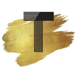 Ein stilisiertes, künstlerisches Logo mit einem großen schwarzen „T“ auf einem goldenen Pinselstrich. Die Grafik vermittelt Eleganz und Kreativität.