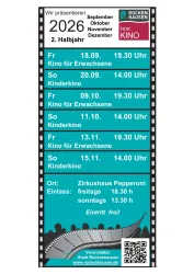 Ein Programmflyer für das Kino in Rockenhausen. Er zeigt verschiedene Vorführungen für Erwachsene und Kinder im Zeitraum von September bis Dezember 2026.