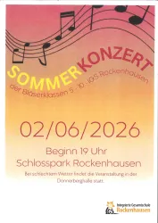 Ein Plakat für ein Sommerkonzert der Bläserklassen der IGS Rockenhausen. Es findet am 02. Juni 2026 um 19 Uhr im Schlosspark Rockenhausen statt.
