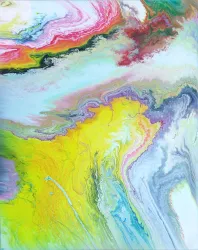 Ein abstraktes Gemälde mit lebhaften Farben wie Gelb, Blau und Rot. Die Farben verlaufen harmonisch und schaffen eine dynamische Komposition.