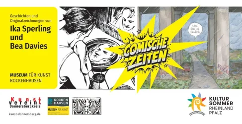 Eine Werbeanzeige für eine Kunstausstellung mit dem Titel "Comische Zeiten". Sie zeigt Illustrationen von Ika Sperling und Bea Davies und enthält Informationen über das Museum für Kunst in Rockenhausen.