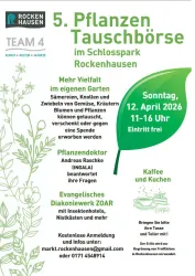 Ein Plakat zur Pflanzen-Tauschbörse im Schlosspark Rockenhausen. Es informiert über Veranstaltungstermine, kostenlose Anmeldung und bietet Kaffee und Kuchen an.