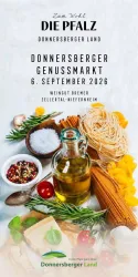 Ein ansprechendes Plakat für den Donnersberger Genusssmarkt mit verschiedenen Lebensmitteln. Es zeigt Pasta, Gewürze und frische Kräuter in einer einladenden Anordnung.