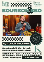 Ein Veranstaltungsplakat für ein Bourbon- und BBQ-Event. Es zeigt einen Bartender mit Getränken und Informationen zu Datum, Uhrzeit und Musik.