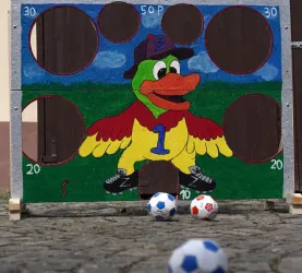 Ein buntes Spielbrett mit einem fröhlichen Enten-Motiv und verschiedenen Punktzahlen. Zwei Fußballbälle liegen davor auf dem Boden.
