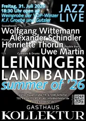 Ein Plakat für ein Jazzkonzert mit verschiedenen Musikern und Bands. Es findet am 31. Juli 2026 im Gasthaus Kollektur in Zellertal statt.