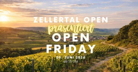 Eine malerische Landschaft mit Weinbergen und einem Sonnenuntergang im Hintergrund. Textankündigung für ein Event namens "Zellertal Open" am 5. Juni 2026.