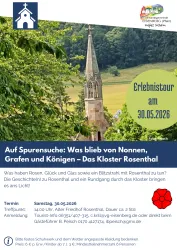 Eine Einladung zu einer Erlebnistour am Kloster Rosenthal. Das Bild zeigt eine Kirche mit einem hohen Turm und grünen Wäldern im Hintergrund.