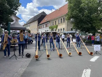 Eine Gruppe von Musikern spielt Alphörner auf einer Straßenveranstaltung. Im Hintergrund sind Stände und Zuschauer zu sehen.