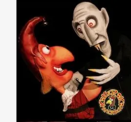 Ein kreatives Puppenspiel mit zwei farbenfrohen Figuren. Die Charaktere haben ausgefallene Gesichtsausdrücke und sind in einer spannenden Pose dargestellt.