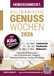 Ein Werbeplakat für die kulinarischen Genusswochen 2026. Es zeigt verschiedene Themenwochen mit Daten und teilnehmenden Restaurants.