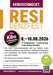 Ein Werbeplakat für das Residenzfest in Kirnheimbolanden. Es findet vom 8. bis 10. August 2026 statt und bietet regionale Spezialitäten und Weine.