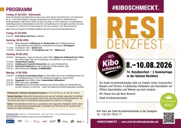 Ein Informationsblatt für das Residenzfest in Kirchenbienenland. Es zeigt das Programm und die Daten der Veranstaltung.
