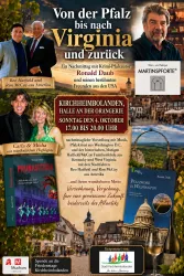 Ein Plakat für eine Veranstaltung mit dem Titel "Von der Pfalz bis nach Virginia und zurück". Es zeigt Portraits von mehreren Personen und enthält Informationen zu Datum, Uhrzeit und Veranstaltungsort.