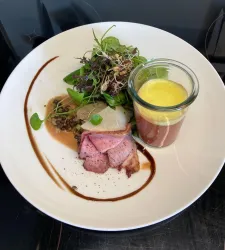 Ein kunstvoll angerichteter Teller mit verschiedenen Fleischstücken, frischem Salat und einer kleinen Glasportion mit einer gelben Sauce. Die Präsentation ist elegant und farbenfroh.